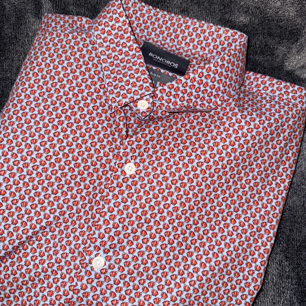 Bonobos Slim Fit All Over Fish Print Long Sleeve Men's Shirt Size Medium Dress